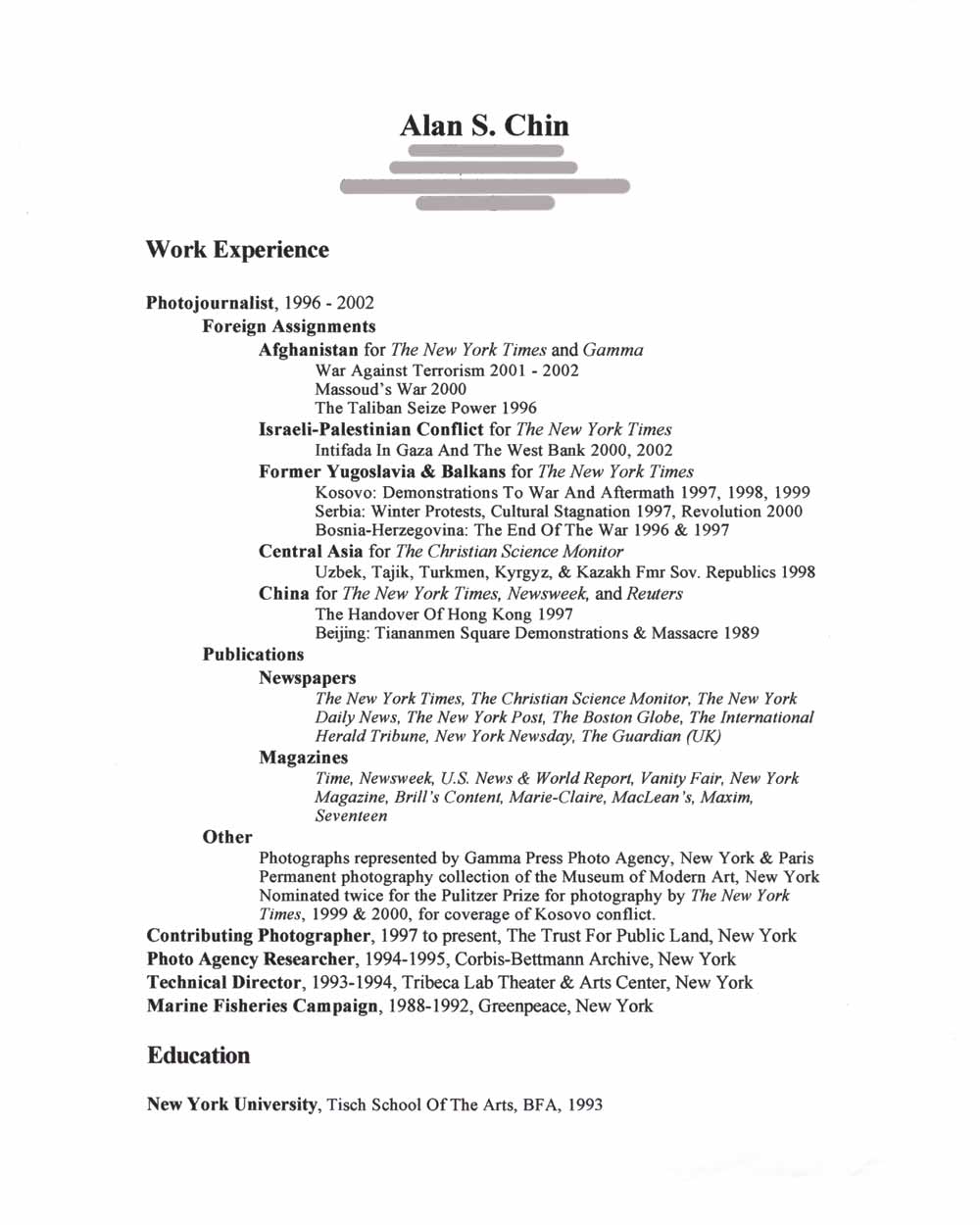 Alan Chin's Resume, pg 1
